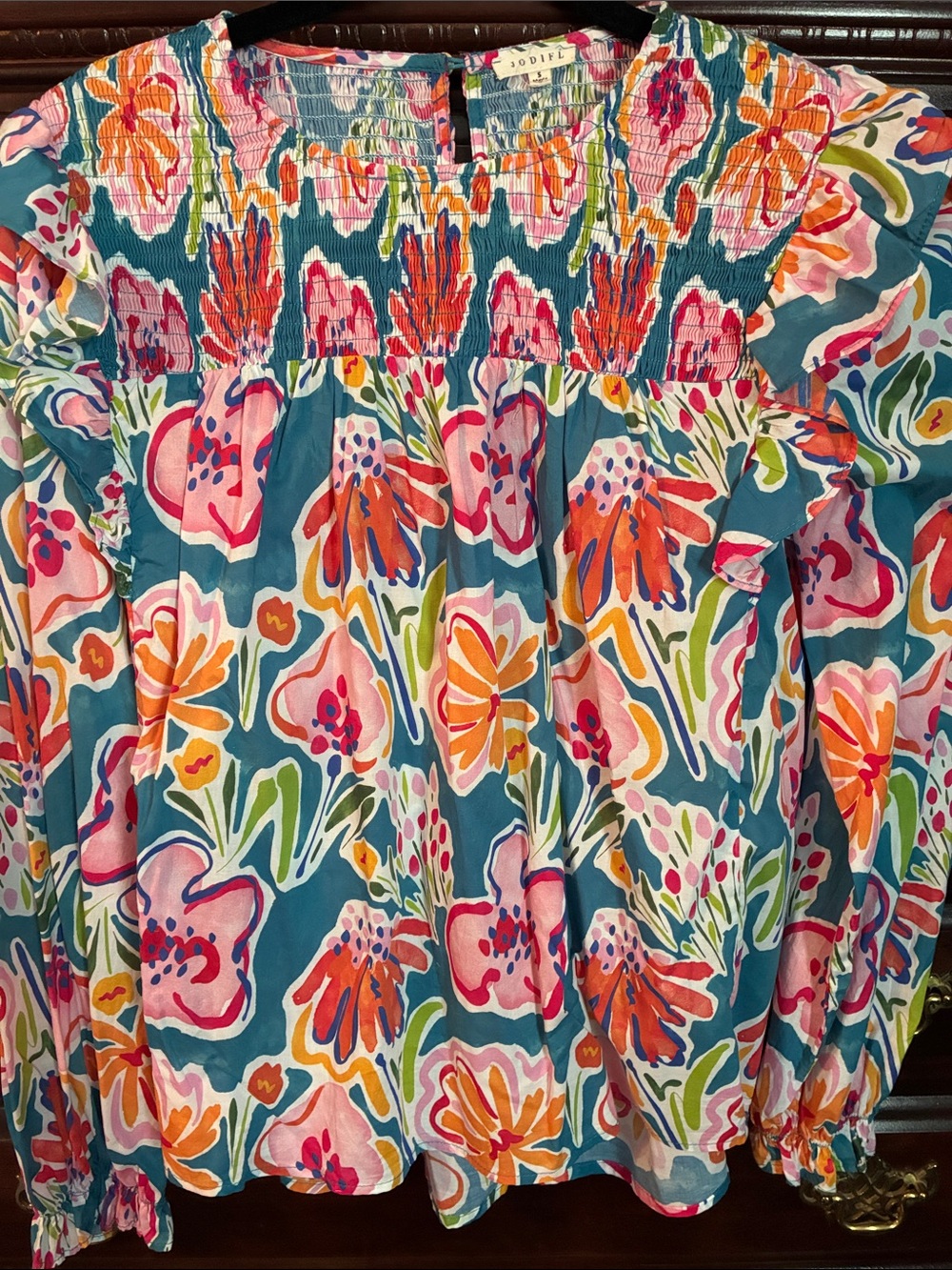 Jodifl Floral Ruffled Smocked Top Women’s Size Small Bohemian Cottagecore Retro